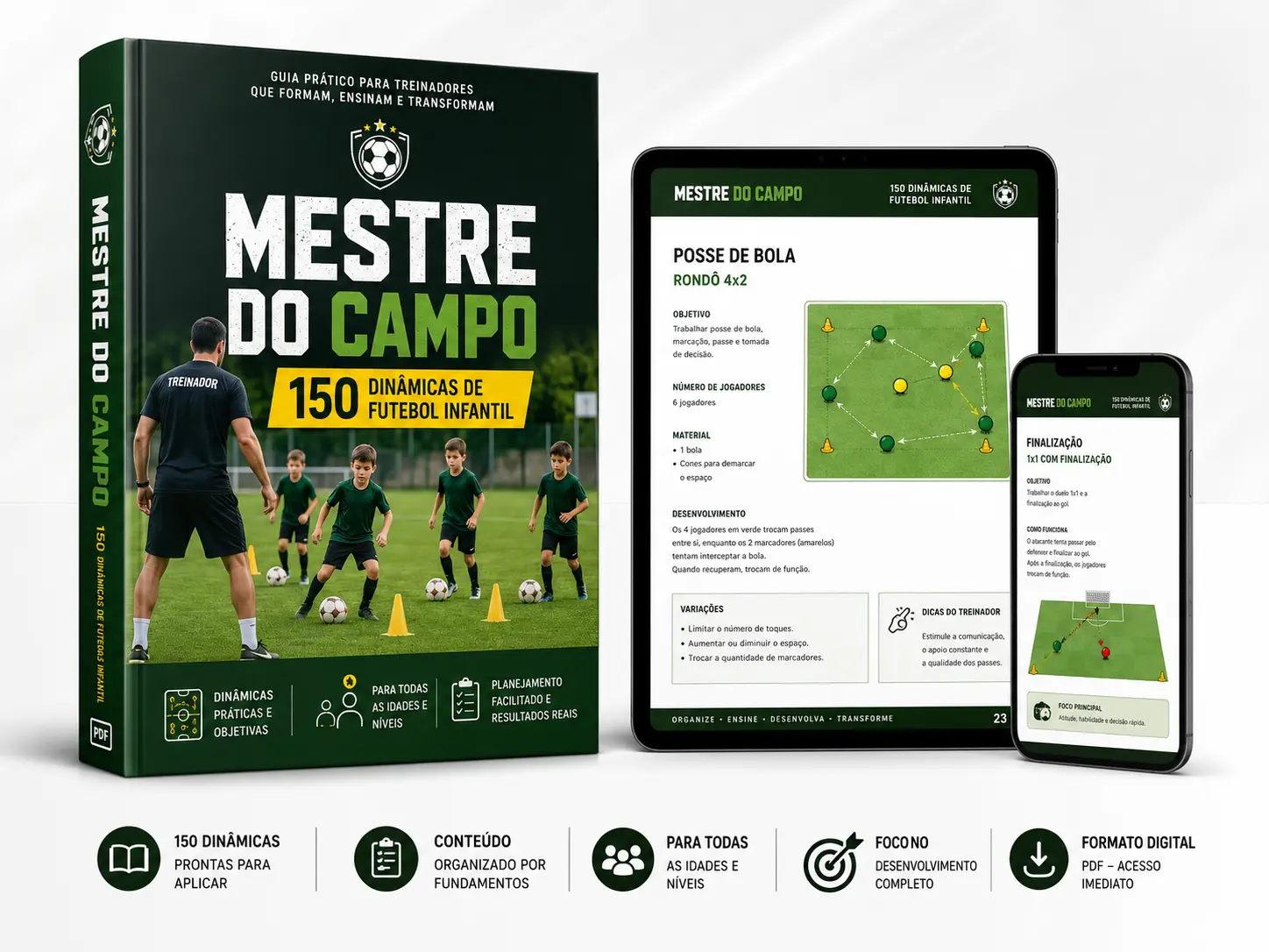 Mockup do material Mestre do Campo com capa, tablet e celular exibindo dinamicas de futebol infantil